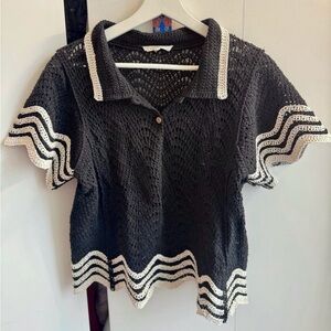 Black Crochet Polo Shirt with Cream Trim